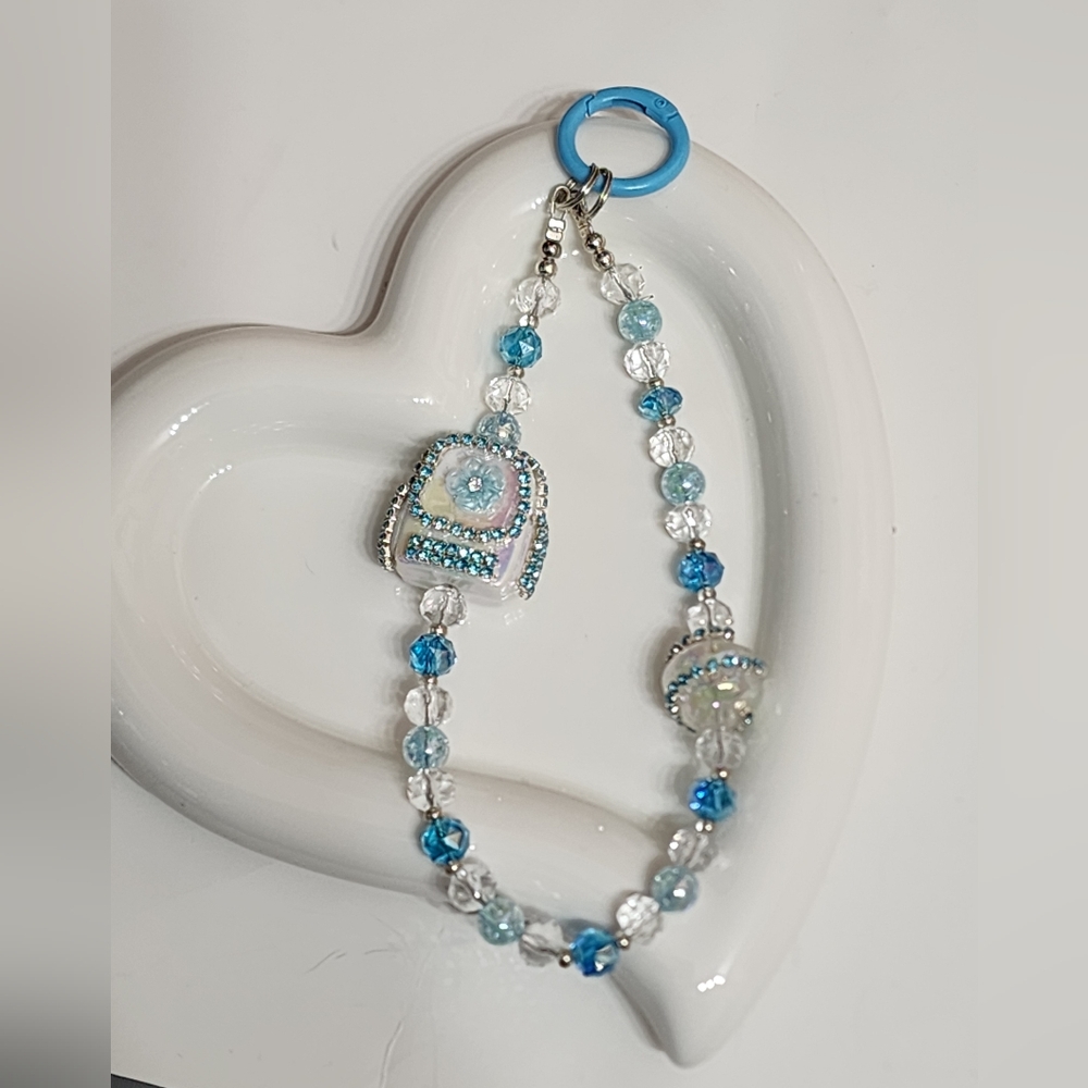 Beaded Keychain‎ Phone Chain Blue White Backpack Accessory